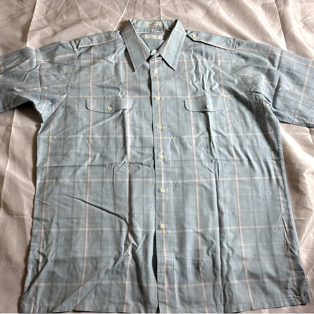 Christian Dior Vintage Camp Collar Shirt Men's XL Blue Plaid Epaulette Safari
